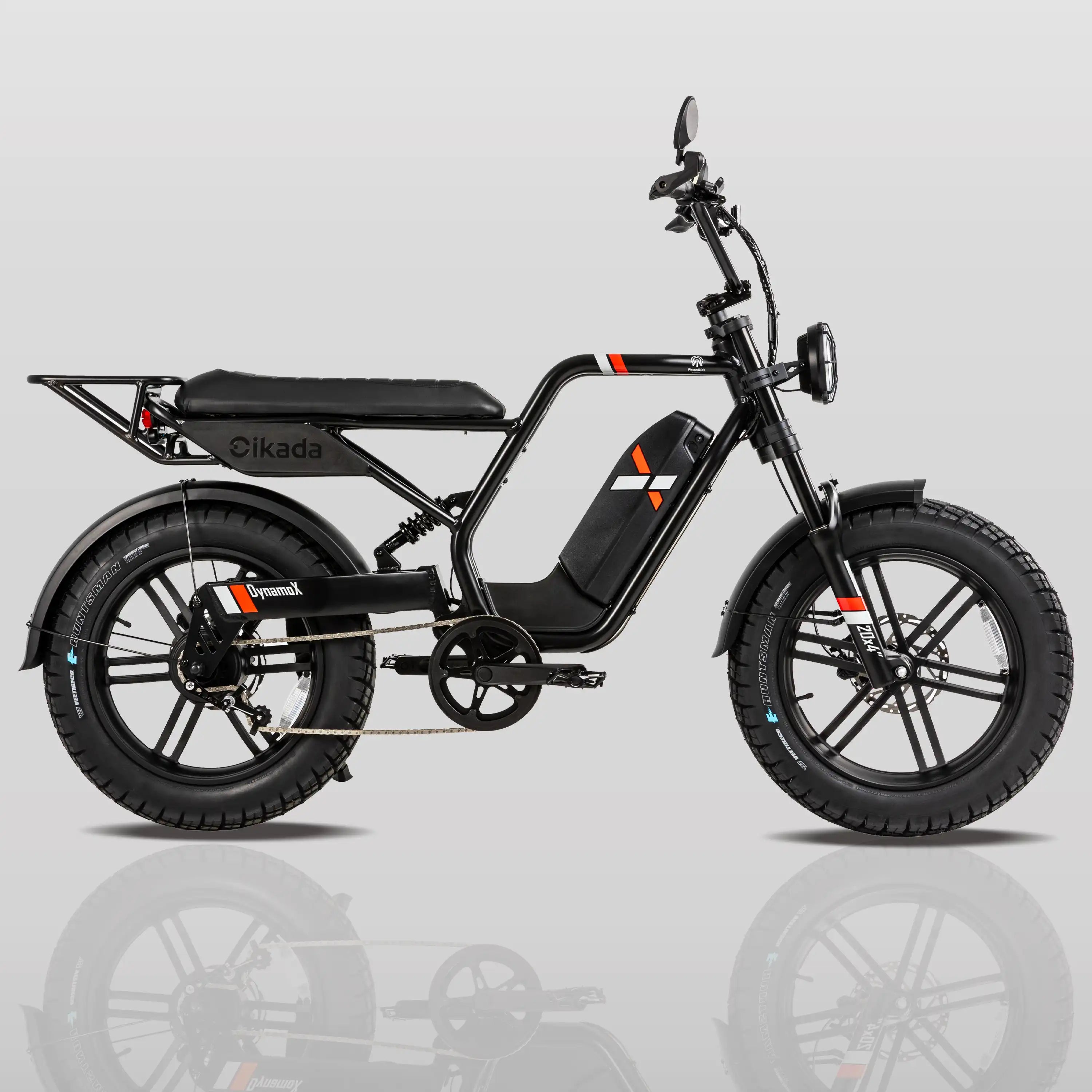 Full side profile of the Dynamo X electric bike in black.